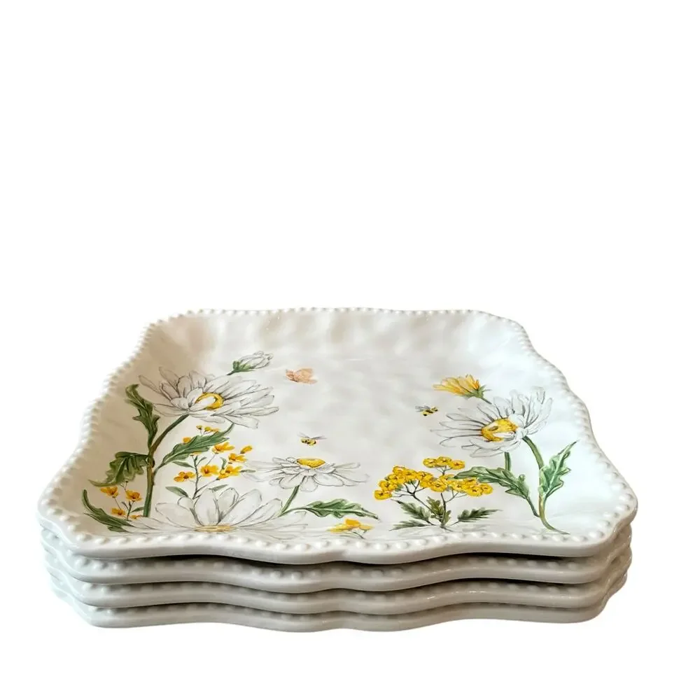 MAXCERA Spring Easter Bee Butterfly Daisy Square Dinner Plates Set of 4 New